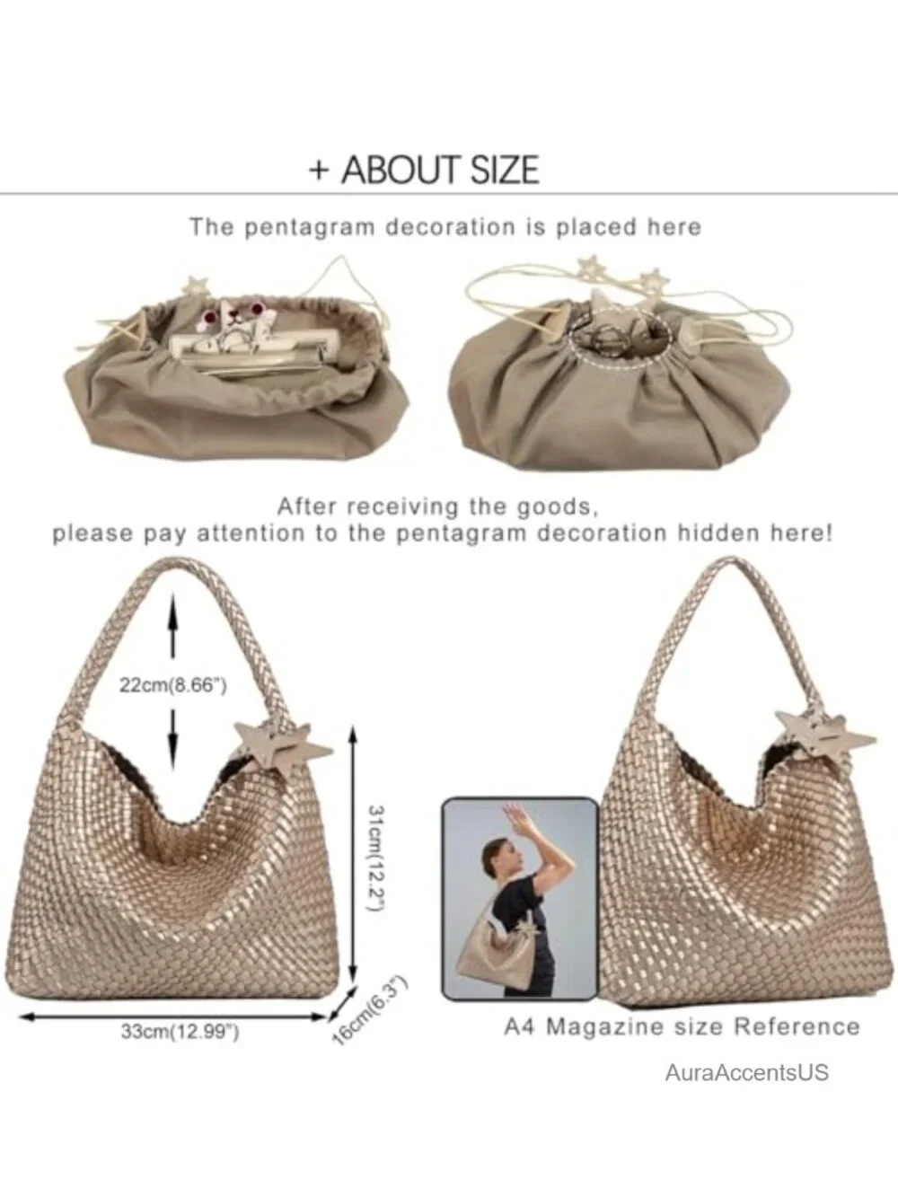 Woven Tote Bag with Clutch Set - Vegan Leather Shoulder Handbag, Magnetic